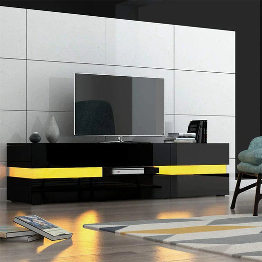 Modern High Gloss Front TV Entertainment Unit 177cm LED Storage Drawer - Black - Mekamart Australia