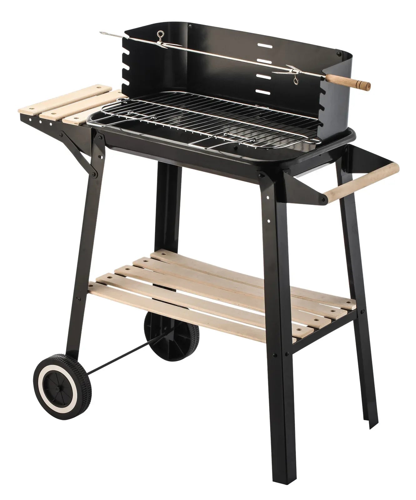 Charcoal Grill BBQ with Manual Rotisserie Stick on Trolley Stand - Mekamart Australia