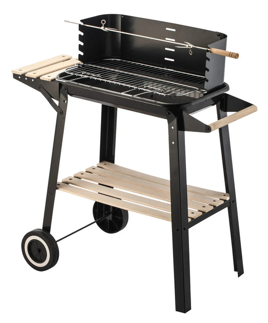 Charcoal Grill BBQ with Manual Rotisserie Stick on Trolley Stand - Mekamart Australia