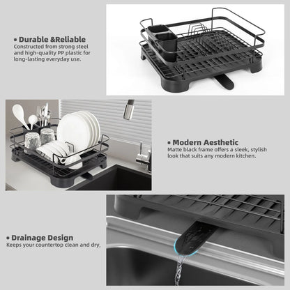 Steel Frame Dish Drying Rack Durable Steel Frame, Removable Utensil Holder, Compact Size for Small Kitchens & Apartments - Mekamart Australia