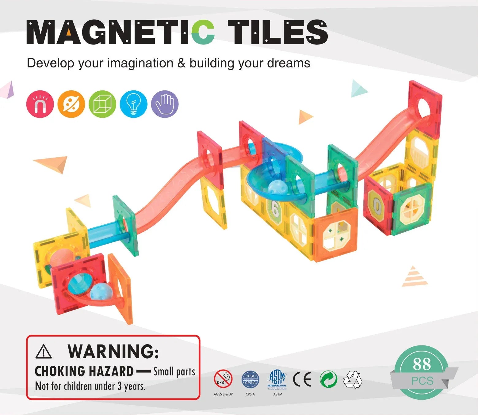 88 Pcs non-toxic STEM Educational, Durable Magnetic Tiles/Puzzle with Storage Bag - Mekamart Australia