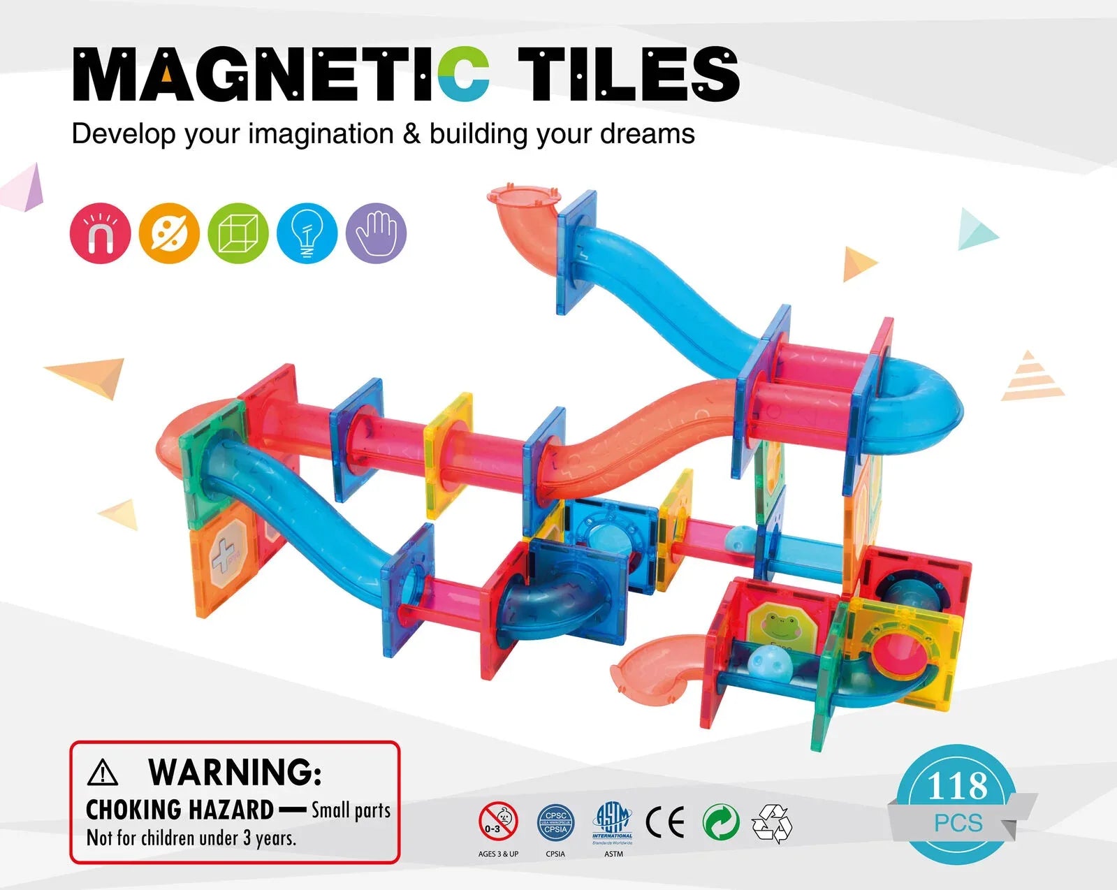 118 Pcs non-toxic STEM Educational, Durable Magnetic Tiles/Puzzle with Storage Bag - Mekamart Australia