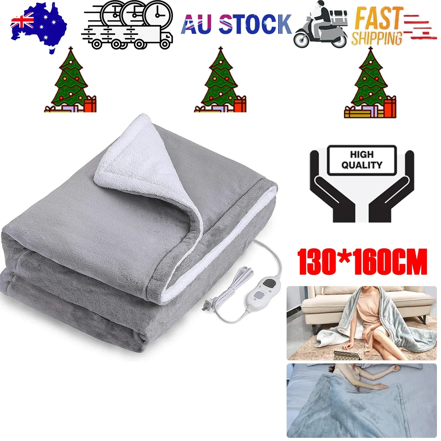 Double-side Flannel Heated Electric Throw Blanket Fast Heating Warm Washable gray - Mekamart Australia