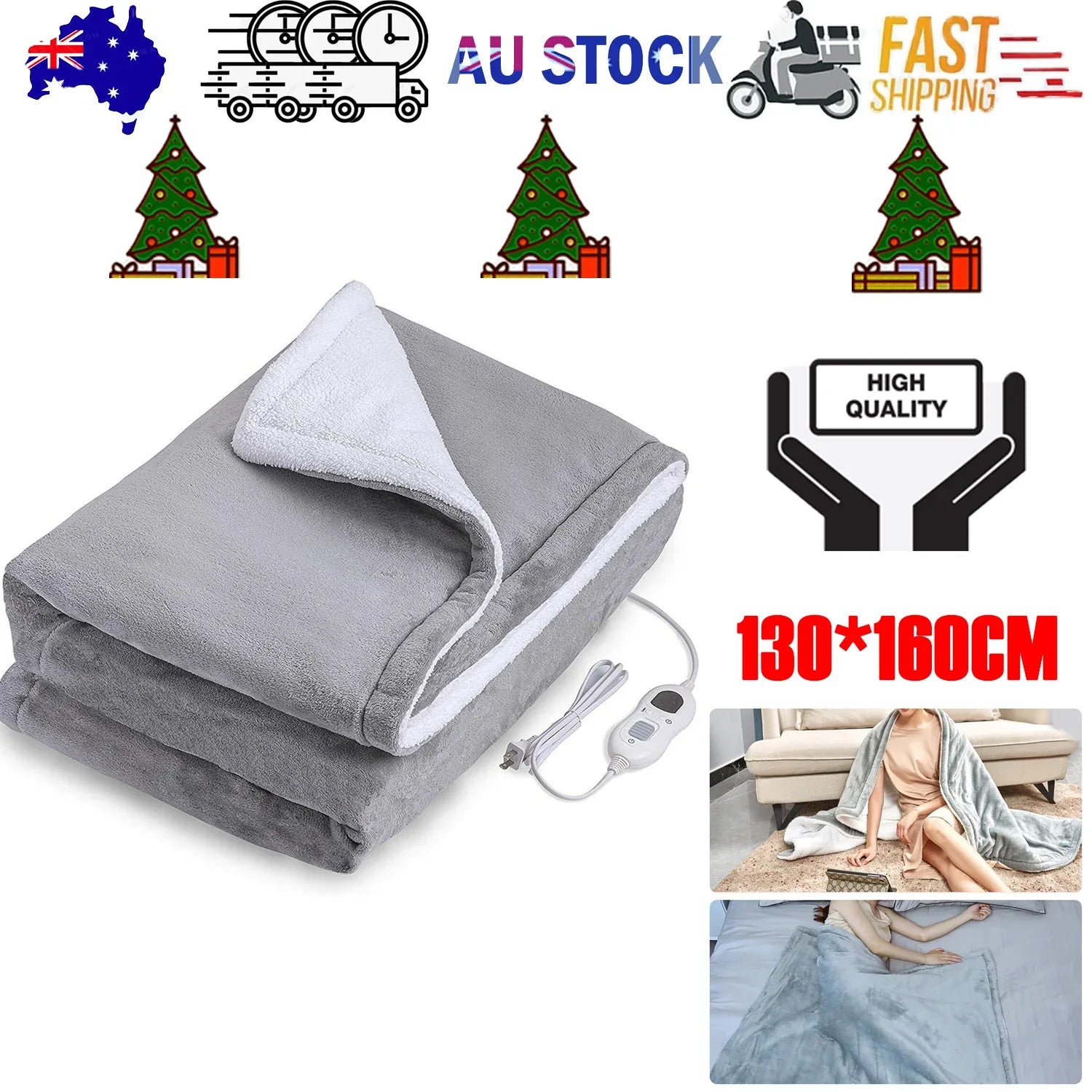 Double-side Flannel Heated Electric Throw Blanket Fast Heating Warm Washable gray - Mekamart Australia