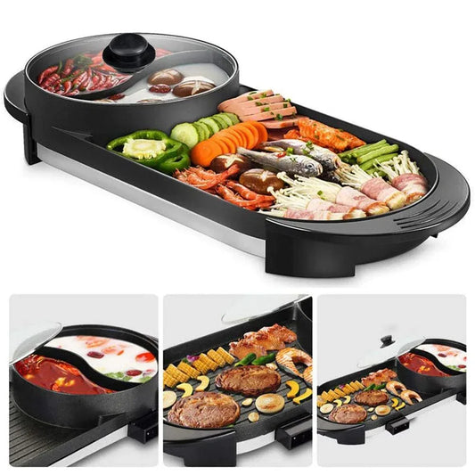 2-IN-1 Electric Hot Pot BBQ Oven Smokeless Non Stick Barbecue Hotpot Grill Pan - Mekamart Australia