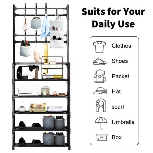 Shoe Rack Storage Cabinet Coat Hat Stand Metal Shelves 12 Pairs Black 60CM
