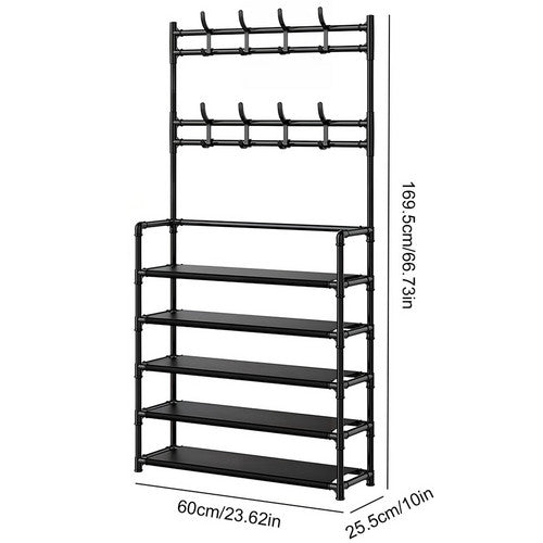Shoe Rack Storage Cabinet Coat Hat Stand Metal Shelves 12 Pairs Black 60CM