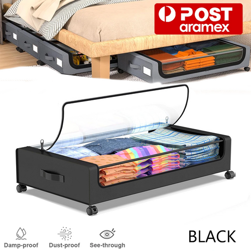 Black Square Under-Bed Storage Rack with Wheels Sturdy Easy to Move for Bedroom AU