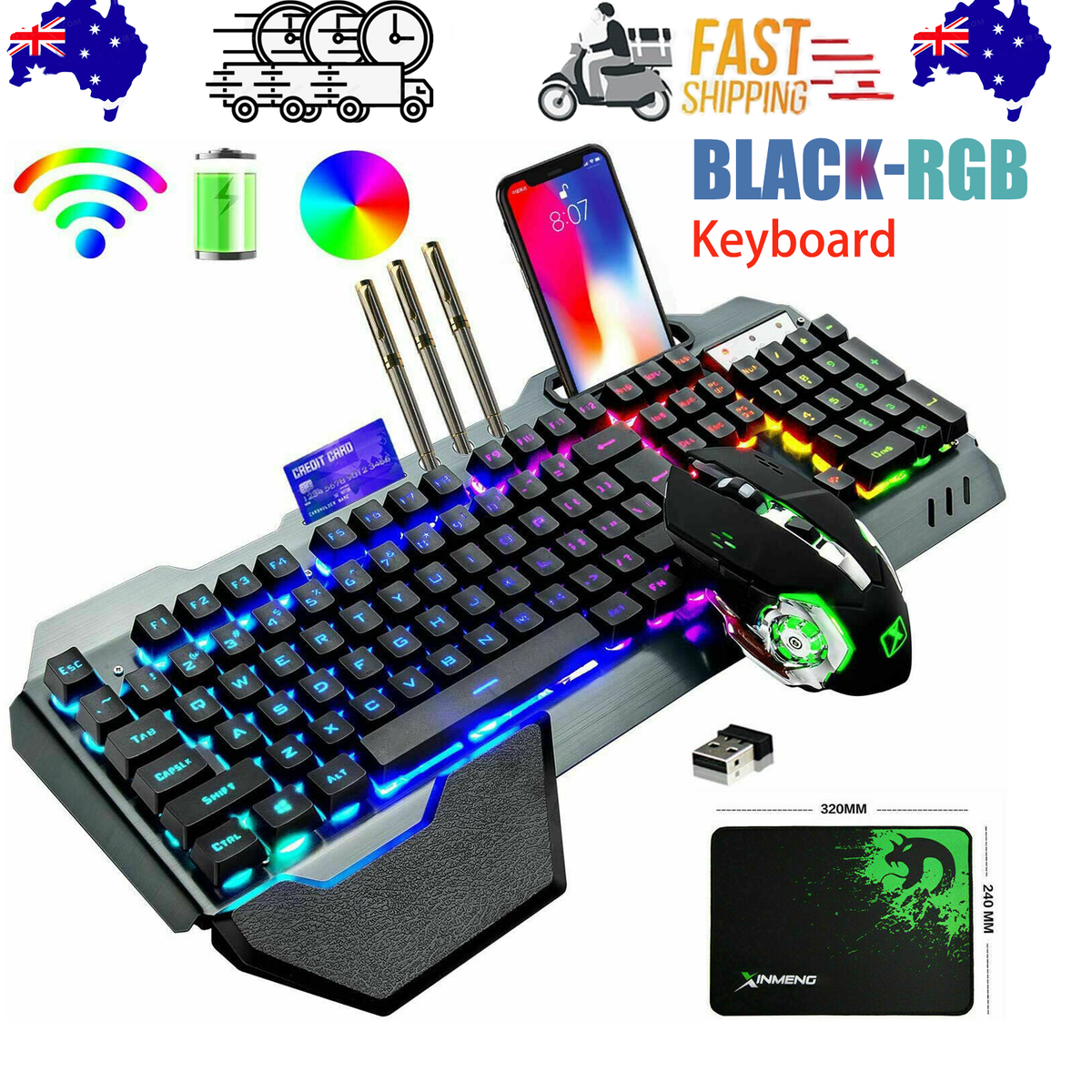 104 Keys Wireless Gaming Keyboard Mouse Set+Mouse Pad, RGB LED Backlit PC/Laptop Black-RGB