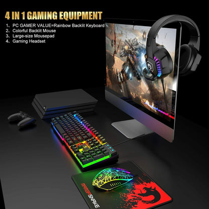 Gaming Keyboard & Mouse & Headset & Mousepad Set RGB Backlit Wired for PC Laptop
