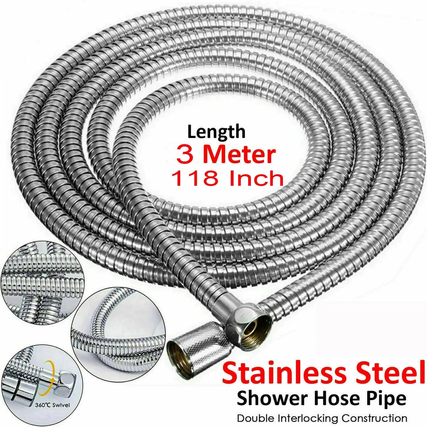 3m Shower Head Hose Stainless Steel Bathroom Flexible Tube Replacement Pipe AU - Mekamart Australia