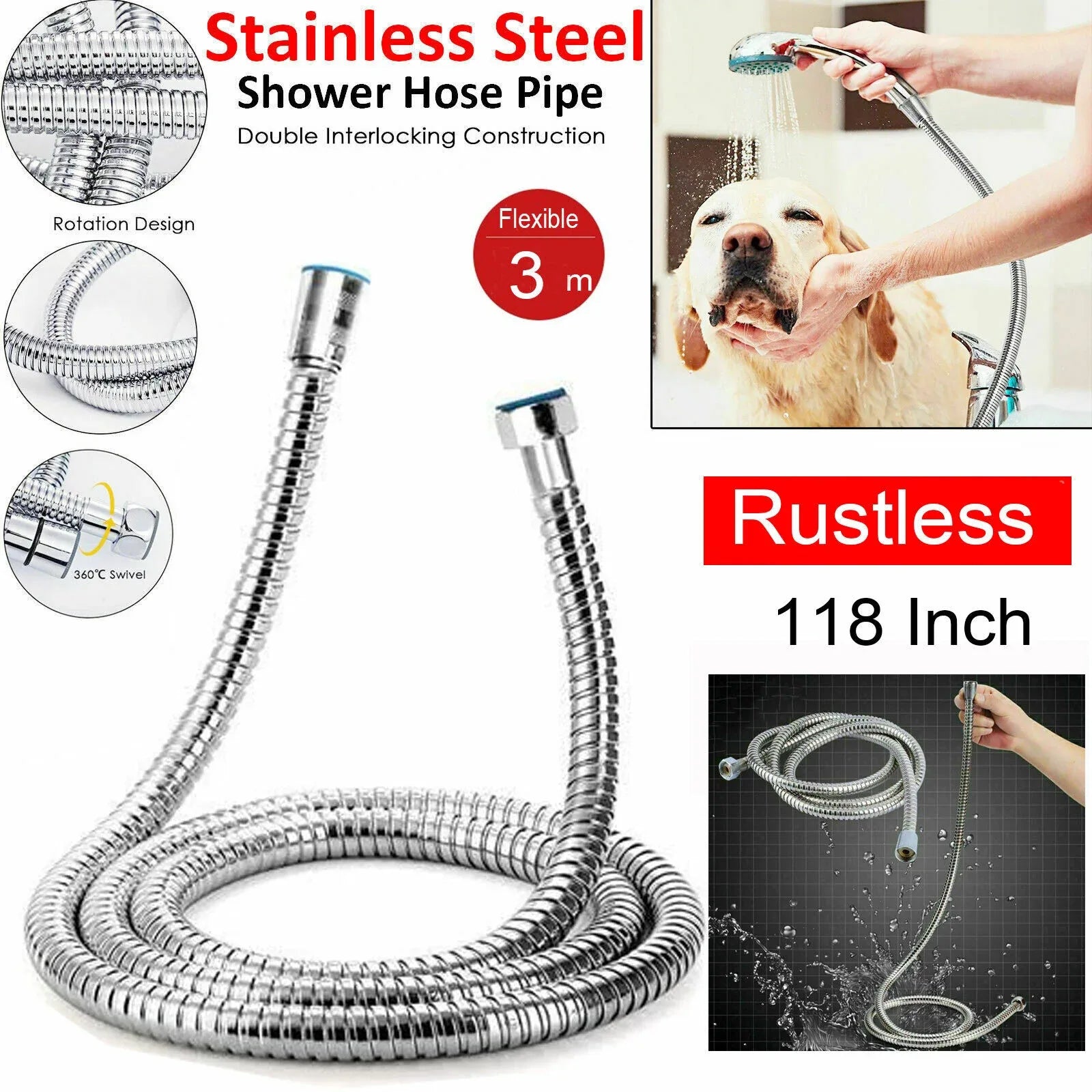 3m Shower Head Hose Stainless Steel Bathroom Flexible Tube Replacement Pipe AU - Mekamart Australia