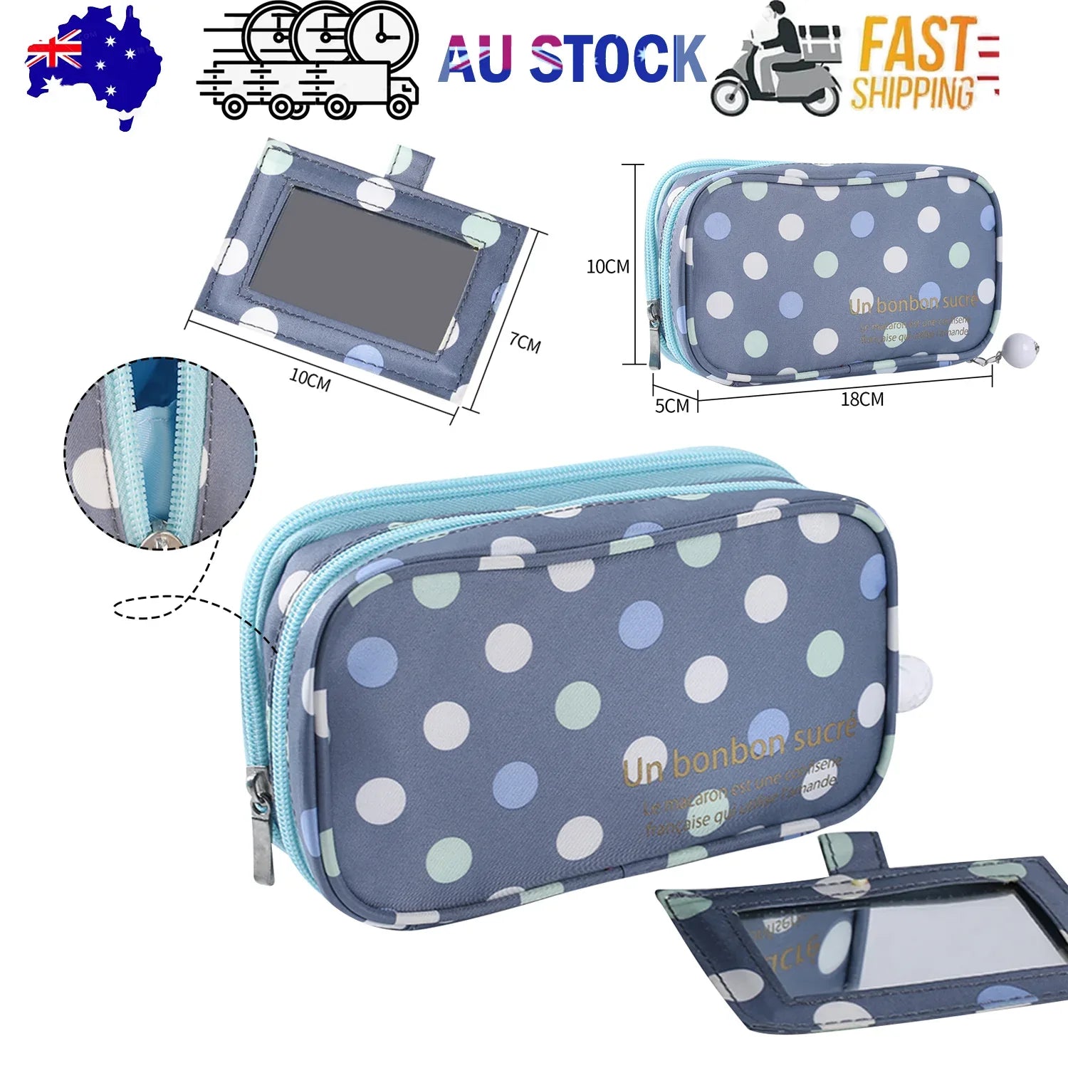 2 Layer Makeup Bag w/ Mirror Travel Cosmetic Bag Organizer Brush Slots Portable - Mekamart Australia