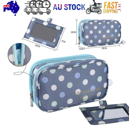 2 Layer Makeup Bag w/ Mirror Travel Cosmetic Bag Organizer Brush Slots Portable - Mekamart Australia