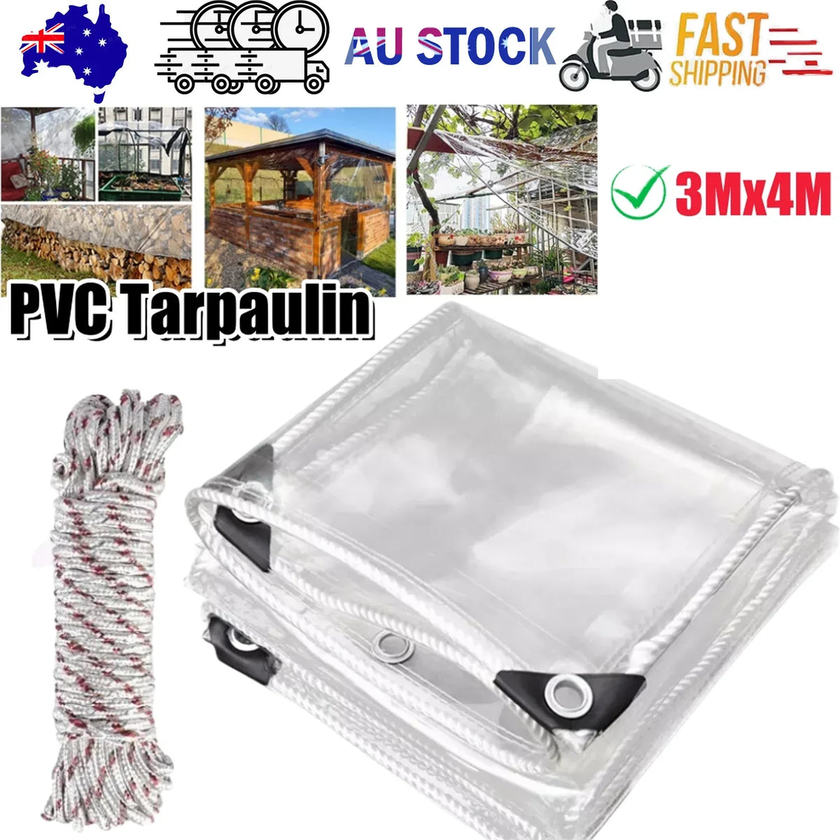 420GSM Heavy Duty Clear PVC Tarpaulin Cloth Transparent Tarps Grommets 3X4M - Mekamart Australia