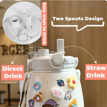 1000ml Large Water Bottle Stainless Steel Straw Water Jug with FREE Sticker Packs (Blue) - Mekamart Australia