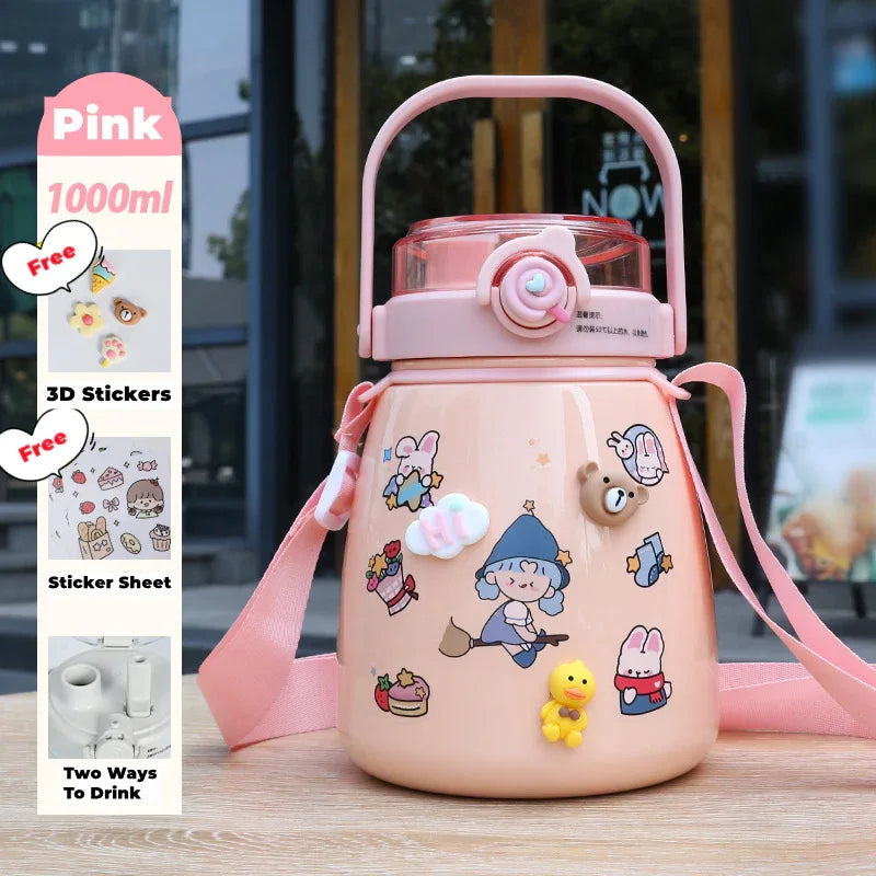 1000ml Large Water Bottle Stainless Steel Straw Water Jug with FREE Sticker Packs (Pink) - Mekamart Australia