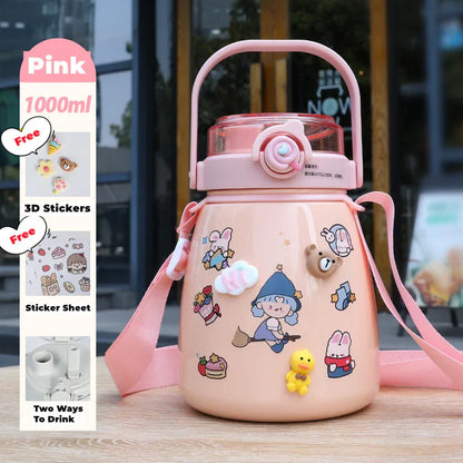 1000ml Large Water Bottle Stainless Steel Straw Water Jug with FREE Sticker Packs (Pink) - Mekamart Australia