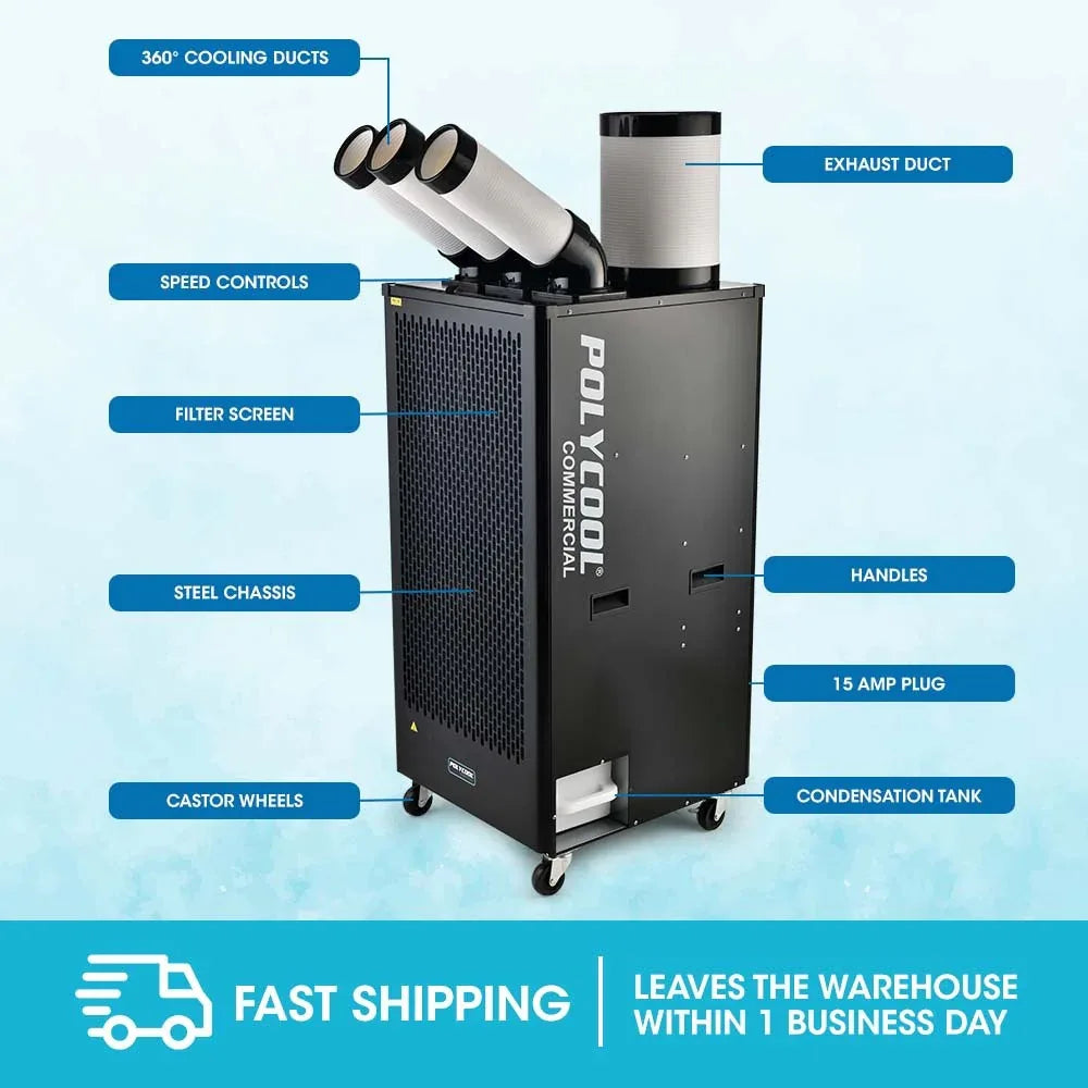 POLYCOOL 6.5kW Portable Industrial Spot Cooler, with Triple Cooling Ducts, 15A Plug - Mekamart Australia