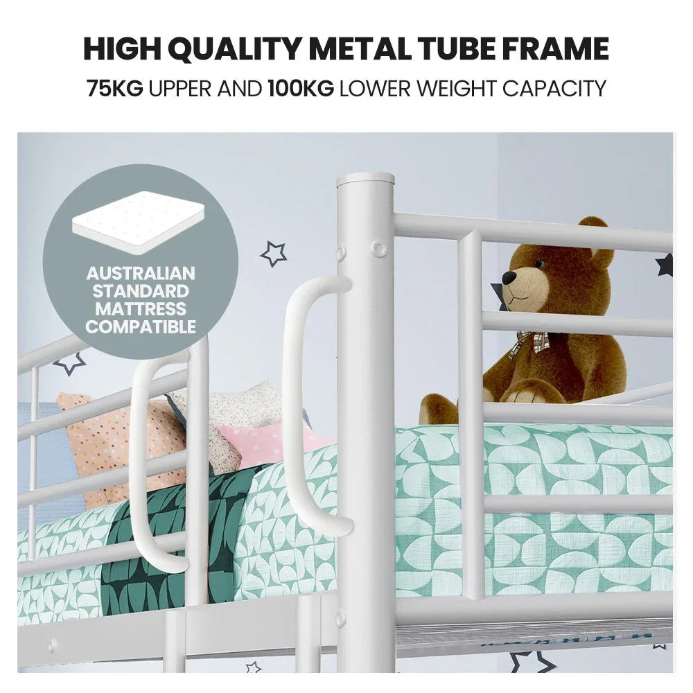 KINGSTON SLUMBER 2in1 King Single Metal Bunk Bed Frame, with Modular Design, Matte White - Mekamart Australia