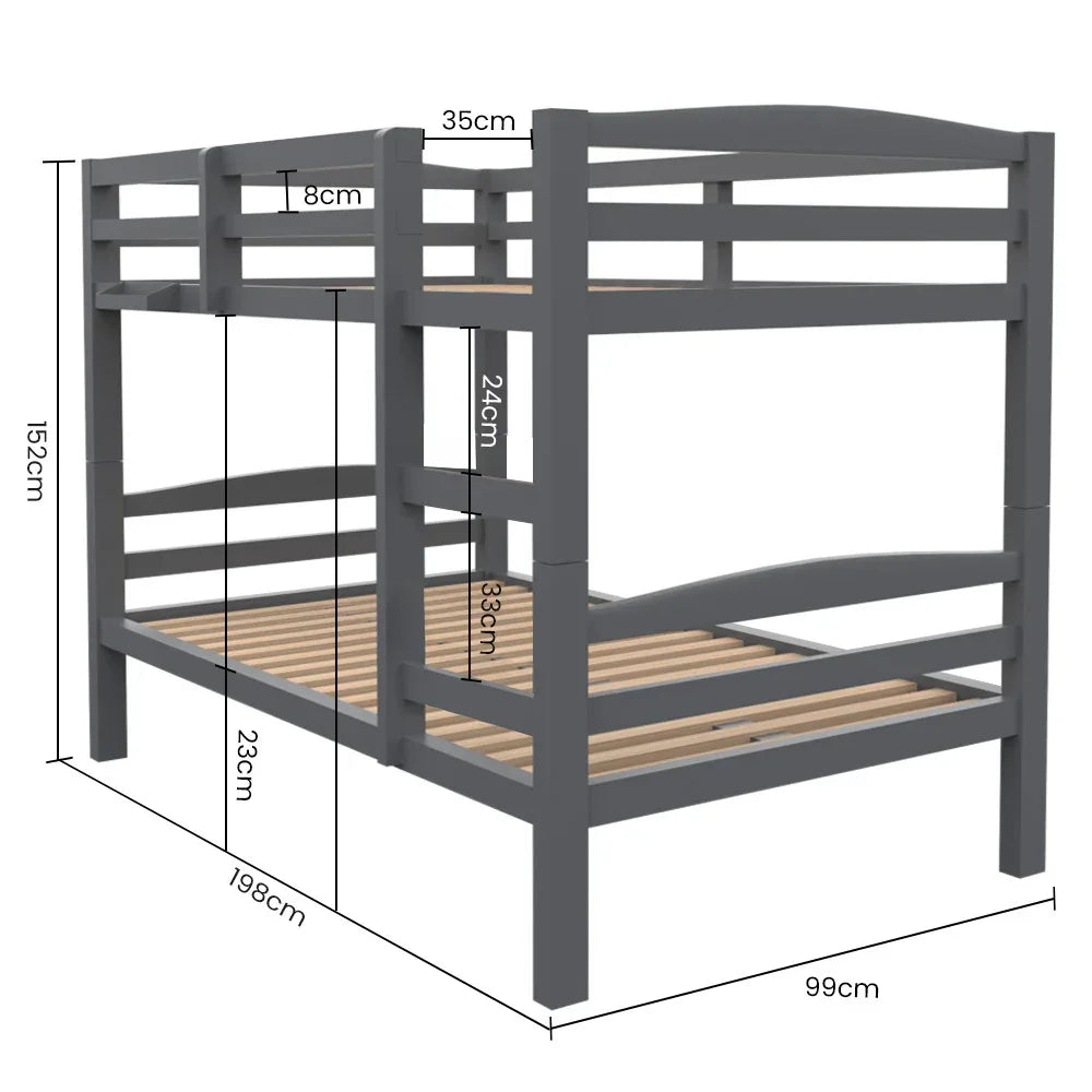 KINGSTON SLUMBER Single Bunk Bed Frame, Solid Pine 2-in-1 Modular Design, Converts to 2 Single Beds, For Kids, Grey - Mekamart Australia