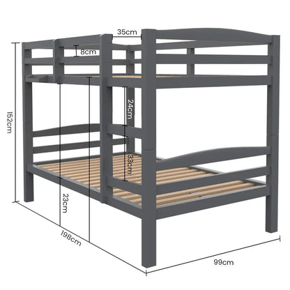 KINGSTON SLUMBER Single Bunk Bed Frame, Solid Pine 2-in-1 Modular Design, Converts to 2 Single Beds, For Kids, Grey - Mekamart Australia