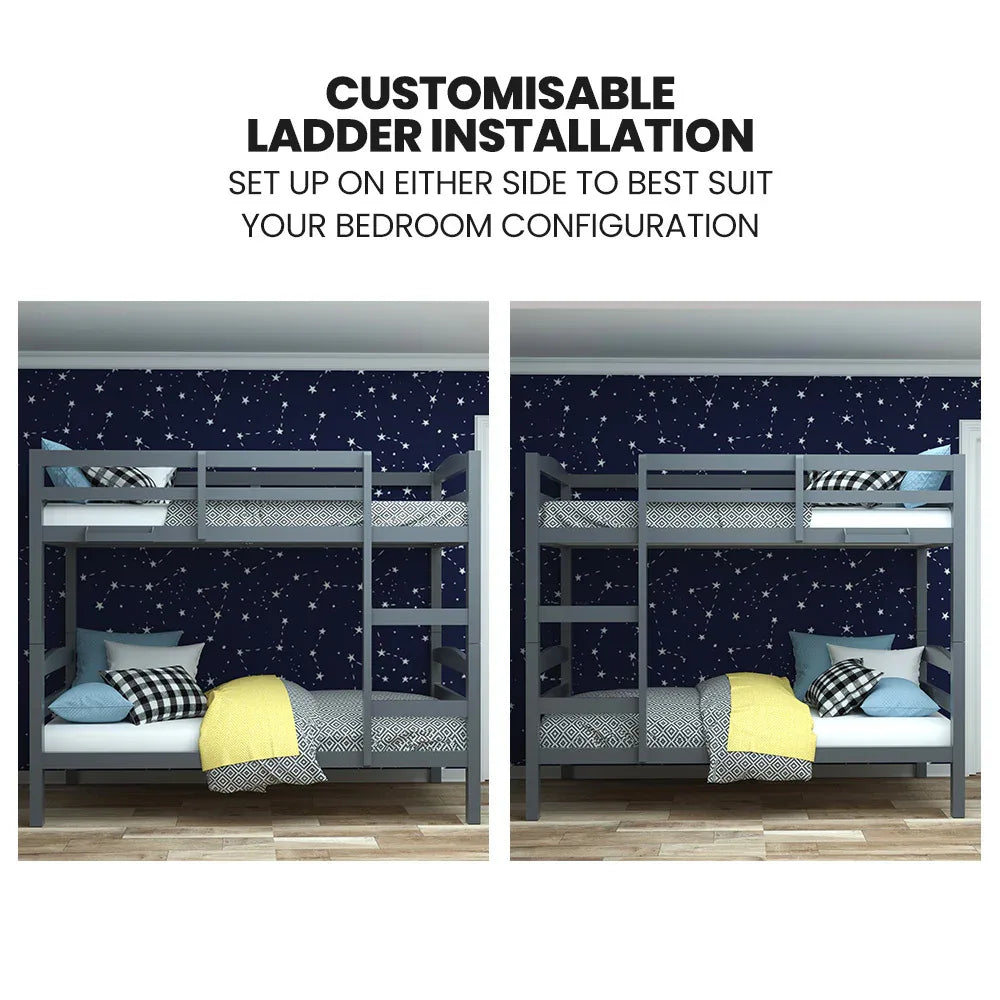 KINGSTON SLUMBER Single Bunk Bed Frame, Solid Pine 2-in-1 Modular Design, Converts to 2 Single Beds, For Kids, Grey - Mekamart Australia