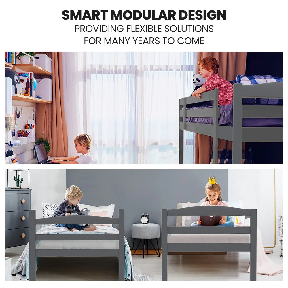 KINGSTON SLUMBER Single Bunk Bed Frame, Solid Pine 2-in-1 Modular Design, Converts to 2 Single Beds, For Kids, Grey - Mekamart Australia