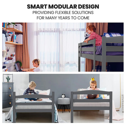 KINGSTON SLUMBER Single Bunk Bed Frame, Solid Pine 2-in-1 Modular Design, Converts to 2 Single Beds, For Kids, Grey - Mekamart Australia
