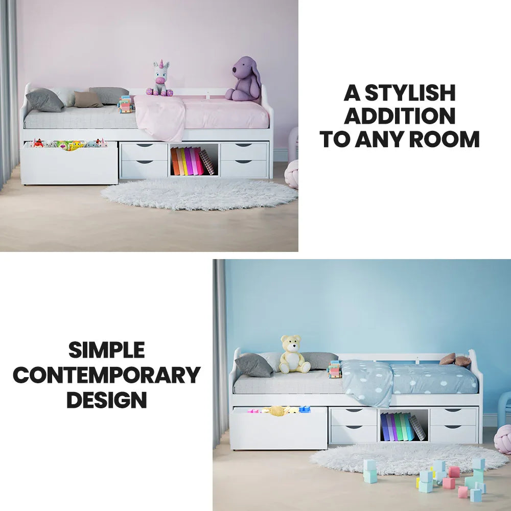 Kingston Slumber Wooden Single Sofa Bed Frame with Storage Drawers - White - Mekamart Australia