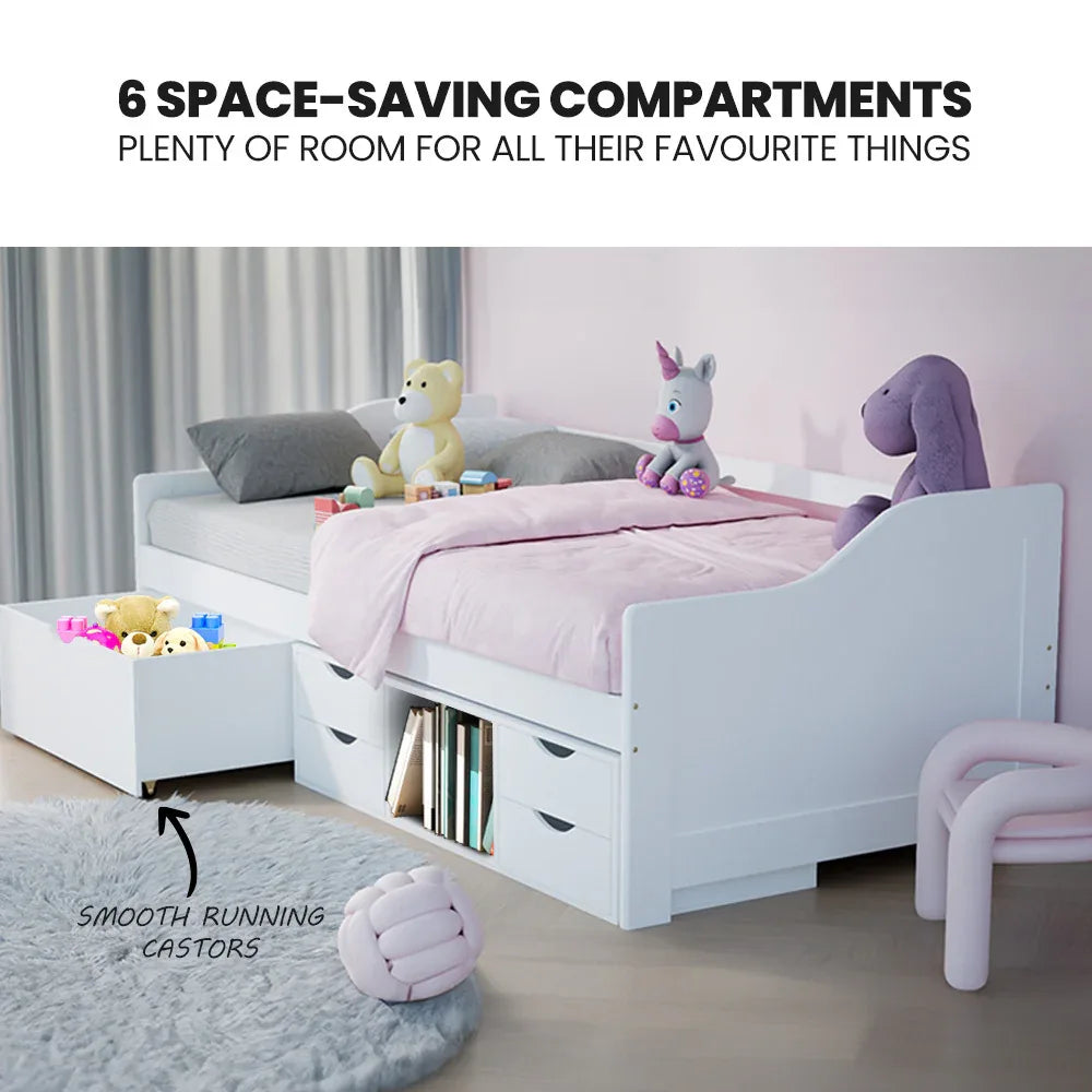 Kingston Slumber Wooden Single Sofa Bed Frame with Storage Drawers - White - Mekamart Australia