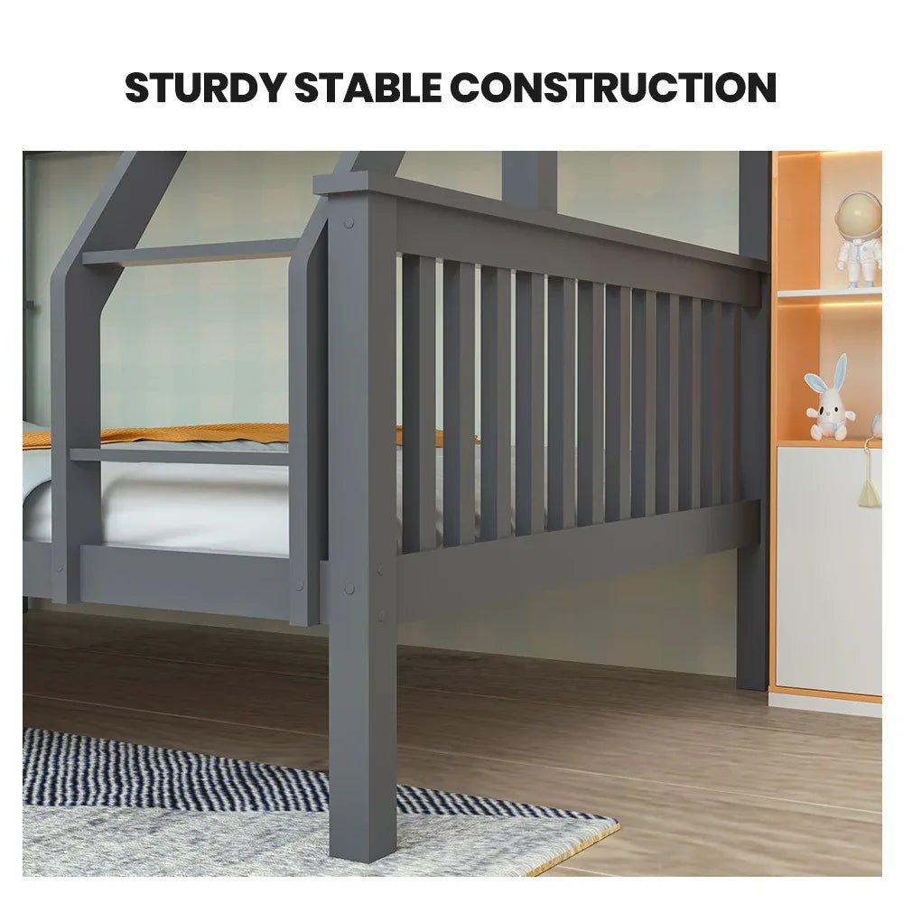 Kingston Slumber Bunk Bed Triple Wooden Single Over Double Beds for Kids, Solid Pine Wood, Convertible Design, Grey - Mekamart Australia