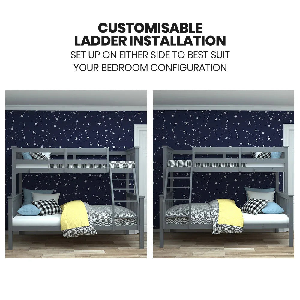 Kingston Slumber Bunk Bed Triple Wooden Single Over Double Beds for Kids, Solid Pine Wood, Convertible Design, Grey - Mekamart Australia