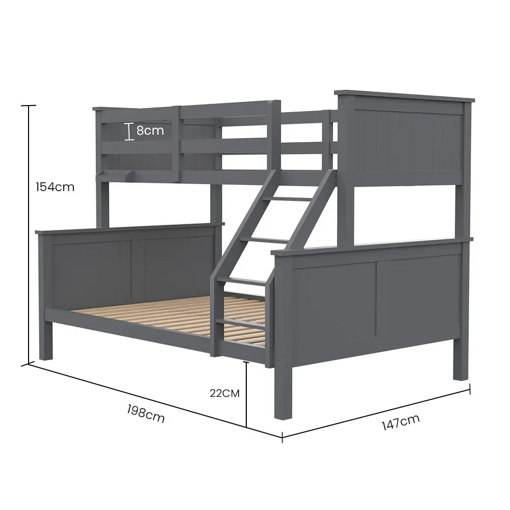 Kingston Slumber Triple Wooden Single Over Double Bunk Bed Frame for Kids, Convertible Design, Grey - Mekamart Australia