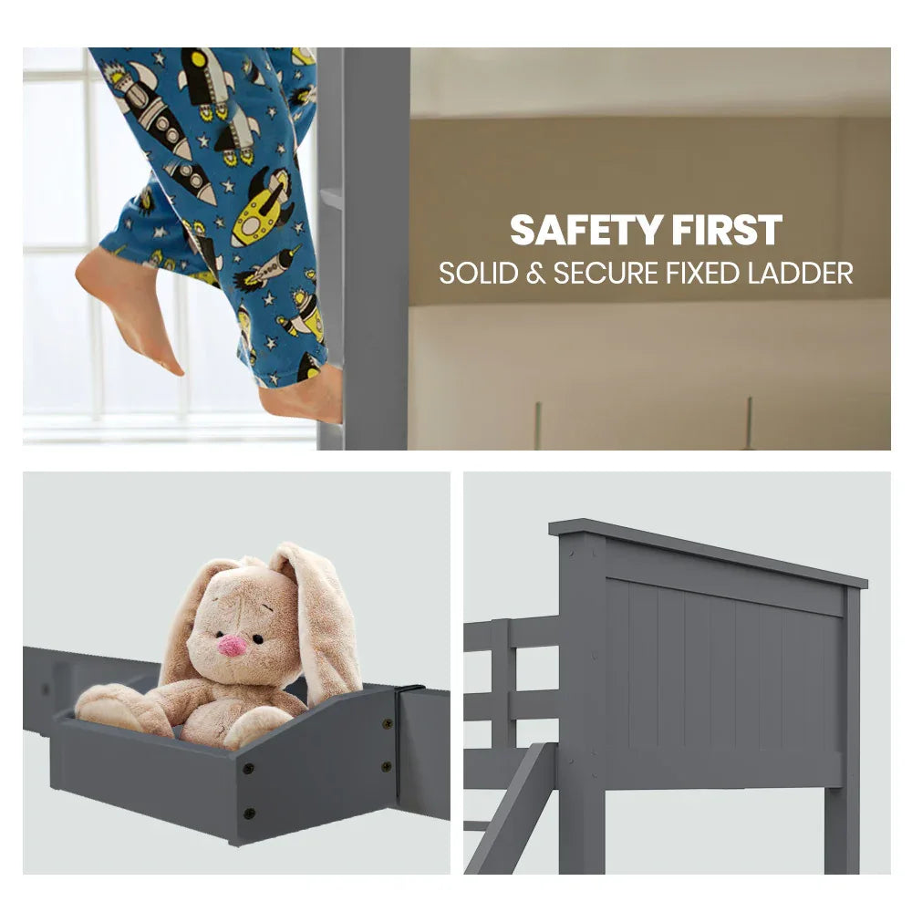 Kingston Slumber Triple Wooden Single Over Double Bunk Bed Frame for Kids, Convertible Design, Grey - Mekamart Australia