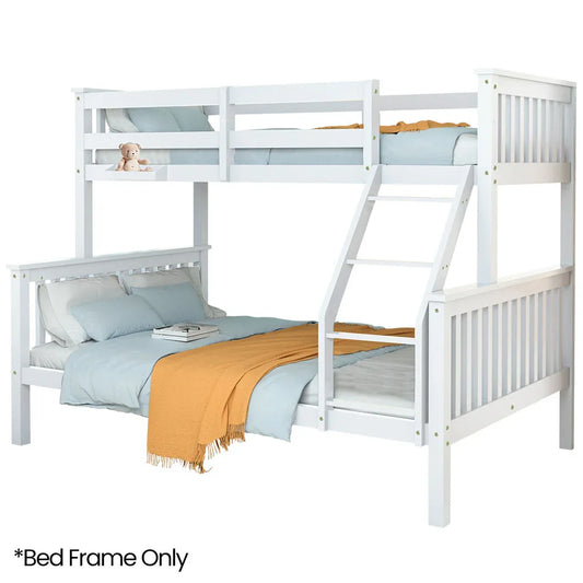 Kingston Slumber Single Over Double Wooden Bunk Bed Frame, Triple Solid Pine 2-in-1 Modular Design, Converts to 2 Beds, For Kids, White - Mekamart Australia