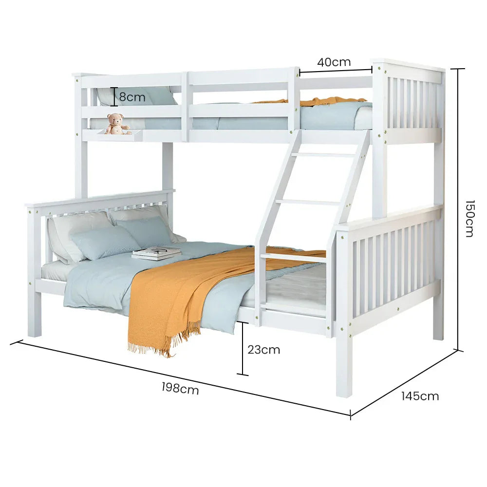 Kingston Slumber Single Over Double Wooden Bunk Bed Frame, Triple Solid Pine 2-in-1 Modular Design, Converts to 2 Beds, For Kids, White - Mekamart Australia