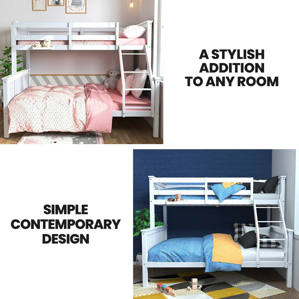 Kingston Slumber Single Over Double Wooden Bunk Bed Frame, Triple Solid Pine 2-in-1 Modular Design, Converts to 2 Beds, For Kids, White - Mekamart Australia