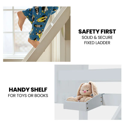 Kingston Slumber Single Over Double Wooden Bunk Bed Frame, Triple Solid Pine 2-in-1 Modular Design, Converts to 2 Beds, For Kids, White - Mekamart Australia