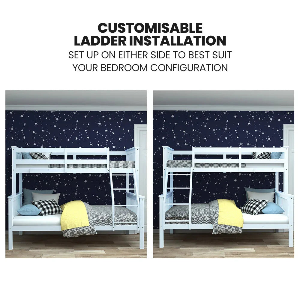 Kingston Slumber Single Over Double Wooden Bunk Bed Frame, Triple Solid Pine 2-in-1 Modular Design, Converts to 2 Beds, For Kids, White - Mekamart Australia