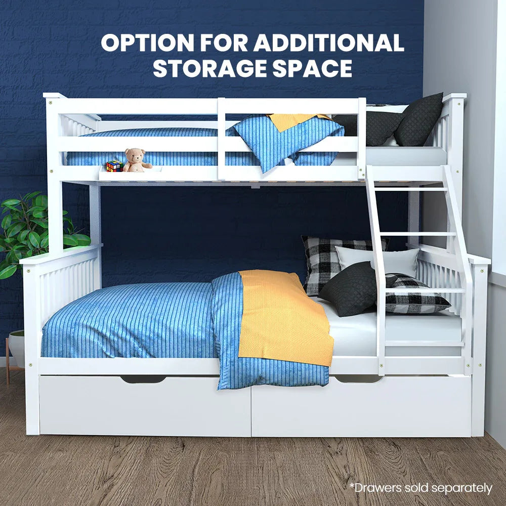 Kingston Slumber Single Over Double Wooden Bunk Bed Frame, Triple Solid Pine 2-in-1 Modular Design, Converts to 2 Beds, For Kids, White - Mekamart Australia