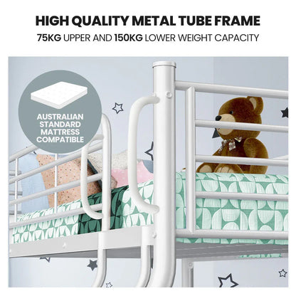 KINGSTON SLUMBER Single over Double Metal Bunk Bed Frame, Matte White - Mekamart Australia