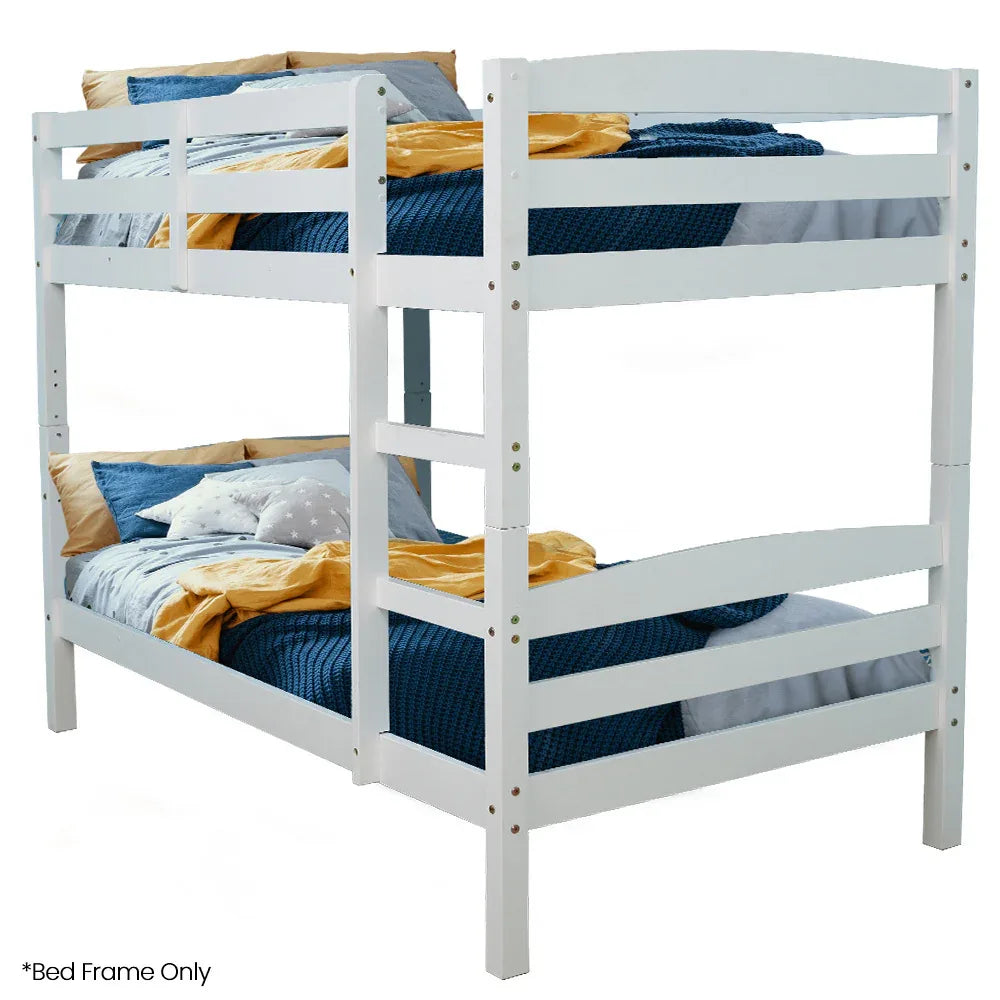 KINGSTON SLUMBER Single Bunk Bed Frame, Solid Pine 2-in-1 Modular Design, White - Mekamart Australia