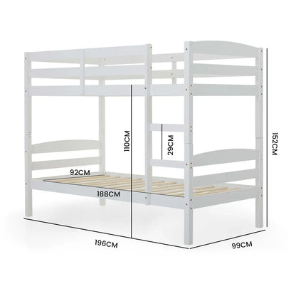 KINGSTON SLUMBER Single Bunk Bed Frame, Solid Pine 2-in-1 Modular Design, White - Mekamart Australia