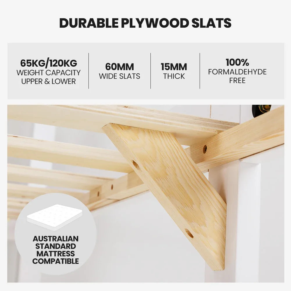 KINGSTON SLUMBER Single Bunk Bed Frame, Solid Pine 2-in-1 Modular Design, White - Mekamart Australia