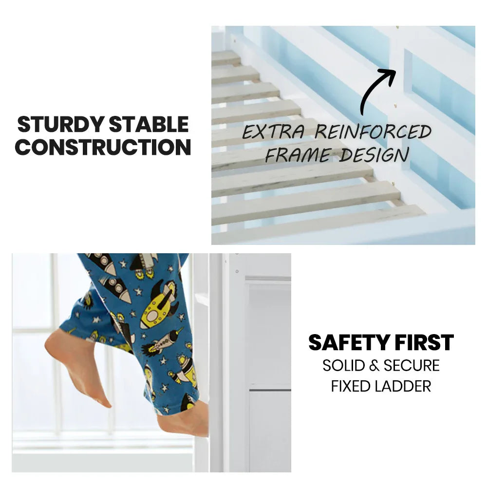 KINGSTON SLUMBER Single Bunk Bed Frame, Solid Pine 2-in-1 Modular Design, White - Mekamart Australia
