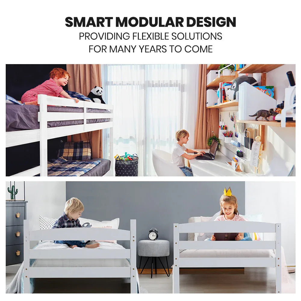 KINGSTON SLUMBER Single Bunk Bed Frame, Solid Pine 2-in-1 Modular Design, White - Mekamart Australia