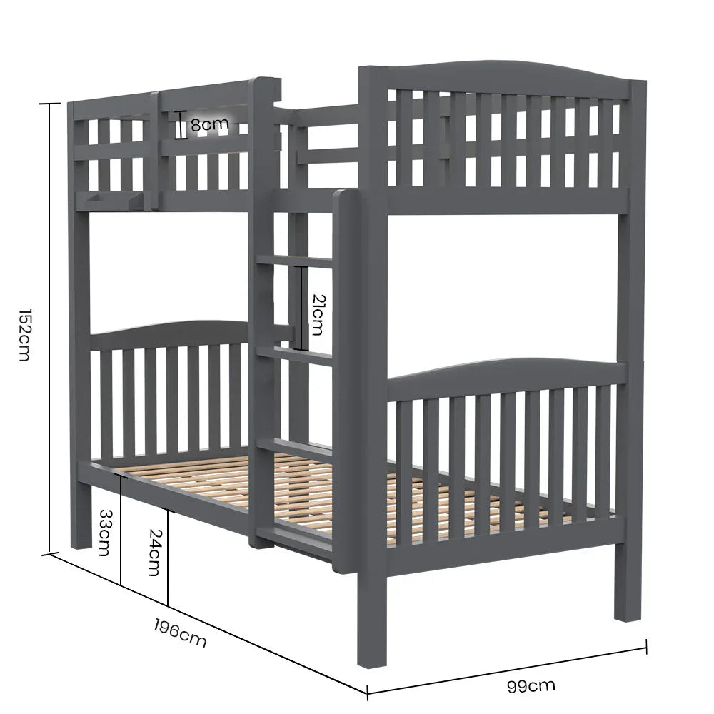Kingston Slumber Single Bunk Bed Frame Solid Pine Wood Timber, Modular Design, Grey - Mekamart Australia