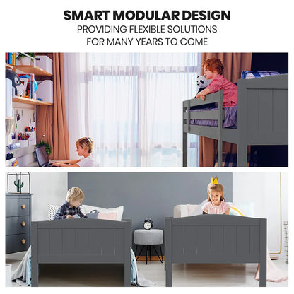 KINGSTON SLUMBER Single Bunk Bed Frame, Solid Pine 2-in-1 Modular Design Convert to 2 Single Beds, Grey - Mekamart Australia