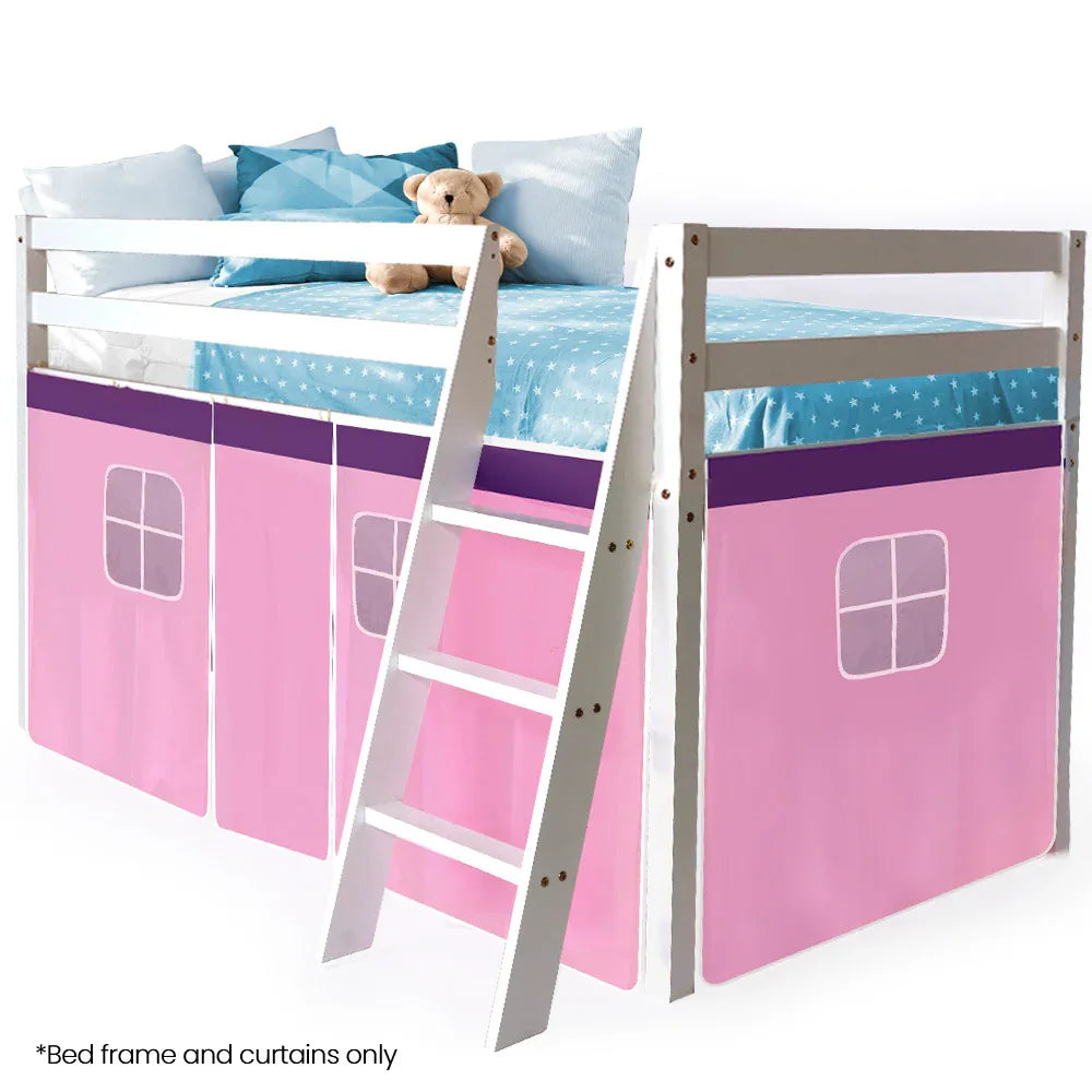 Kingston Slumber Wooden Kids Single Loft Bed Frame - Hiding Space Underneath with Interchangeable Pink and Blue Curtains - Mekamart Australia